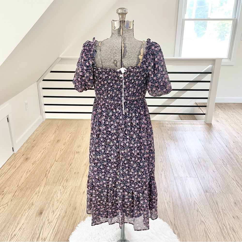 NWT XS 4X purple pink floral print off shoulder midi dress - Picture 4 of 7